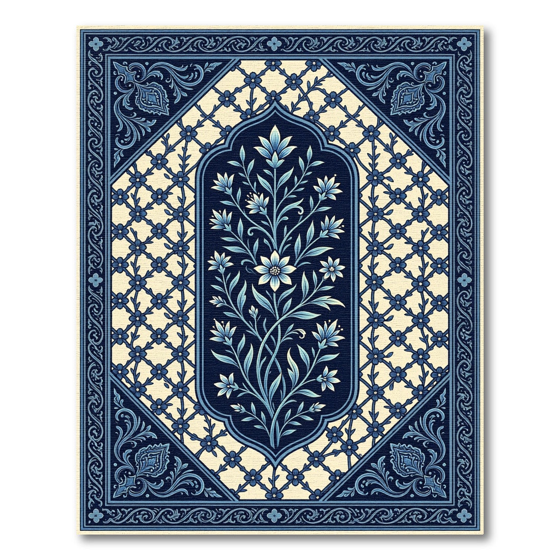 Deep Blue Floral Lattice Garden Rug