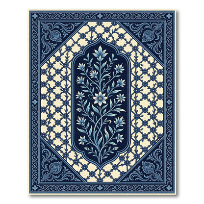 Deep Blue Floral Lattice Garden Rug