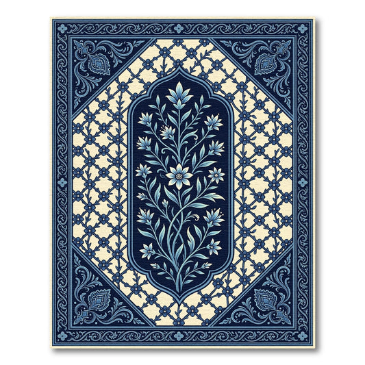 Deep Blue Floral Lattice Garden Rug