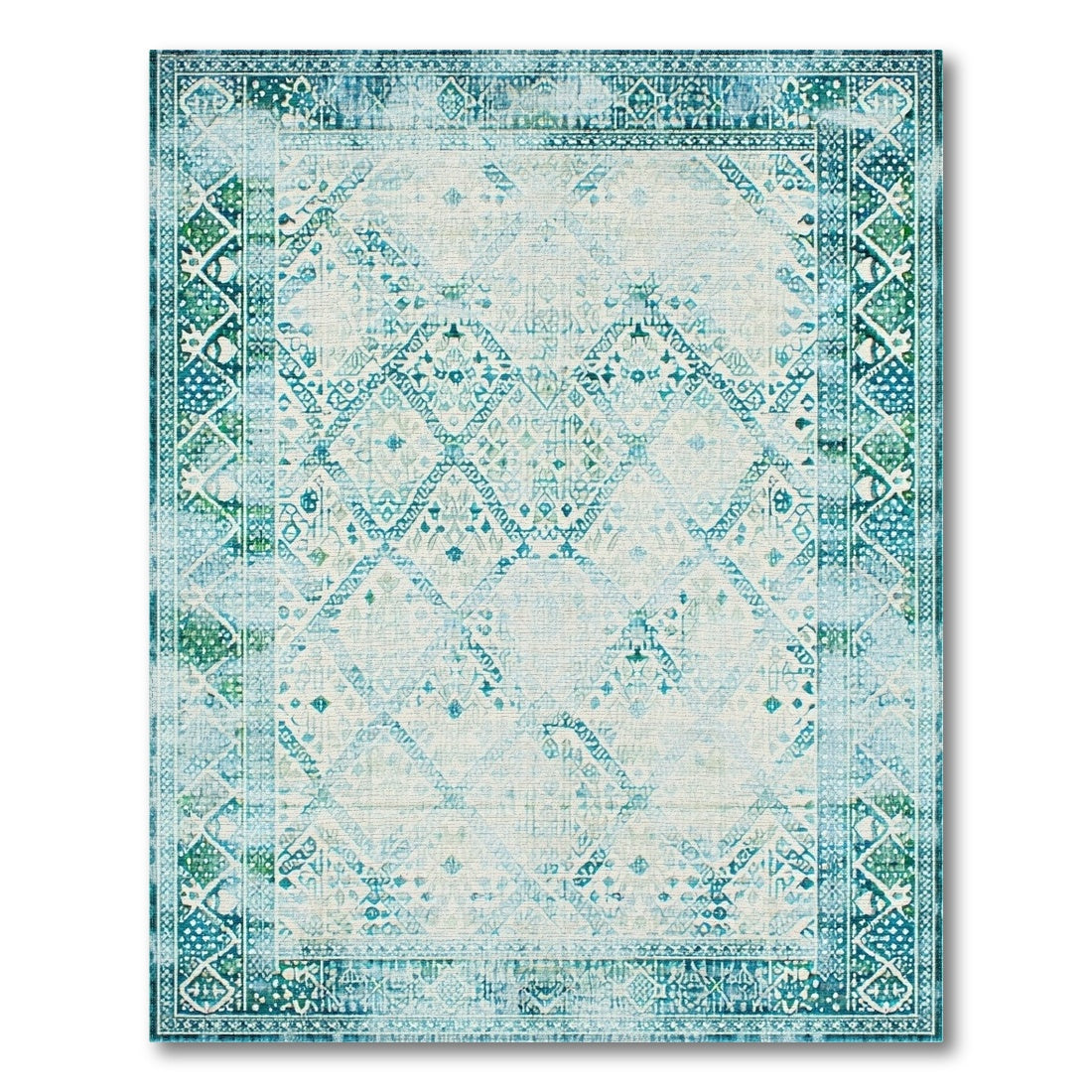 Distressed Blue Teal Vintage Geometric Area Rug