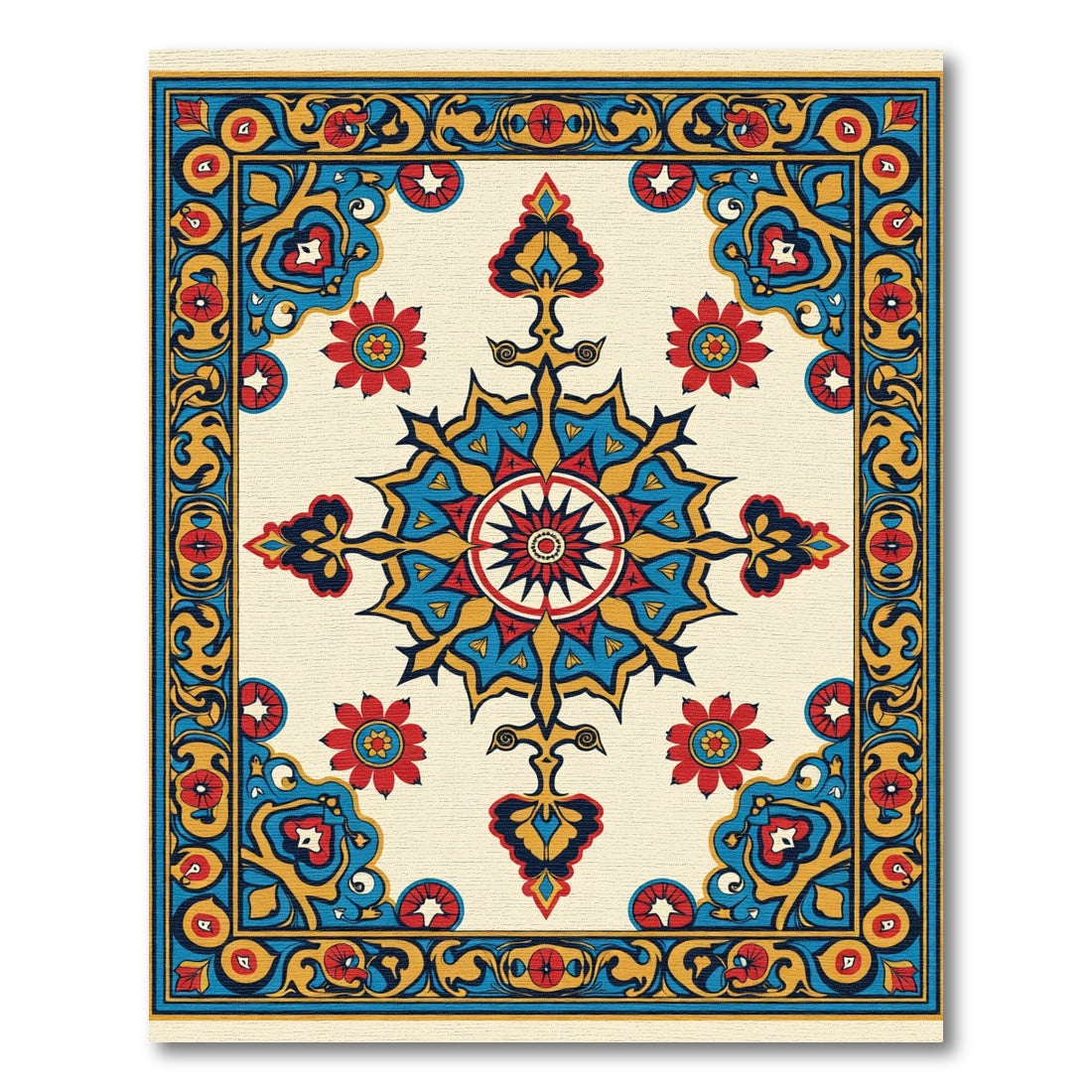 Vibrant Red Blue Golden Floral Medallion Rug