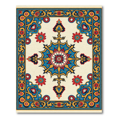 Vibrant Red Blue Golden Floral Medallion Rug