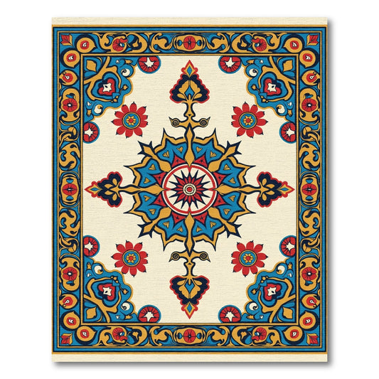 Vibrant Red Blue Golden Floral Medallion Rug