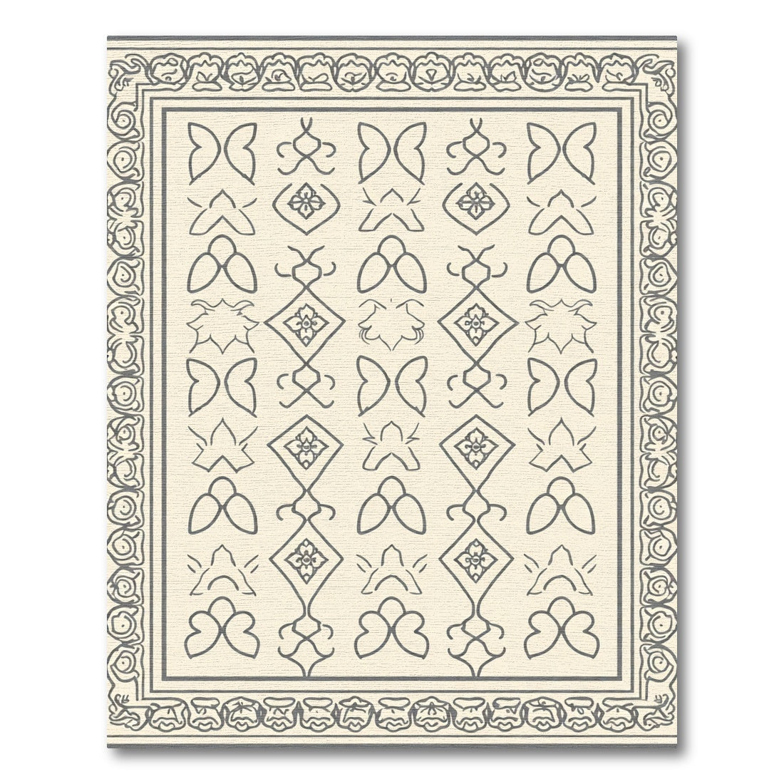 Cream and Charcoal Damask Medallion Frame Rug