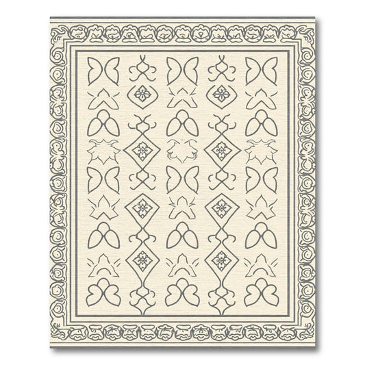 Cream and Charcoal Damask Medallion Frame Rug