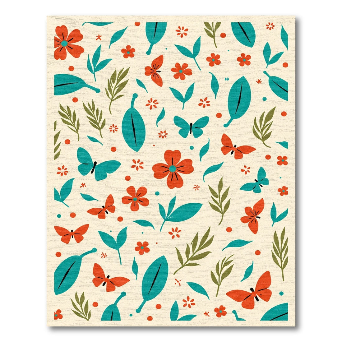 Coral Red Butterfly and Teal Leaf Pattern Rug