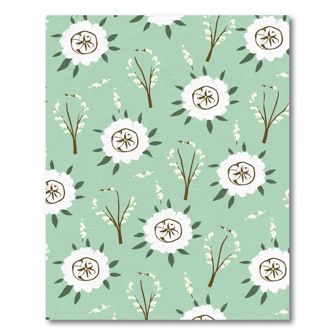 Green White Floral Branch Blossom Rug
