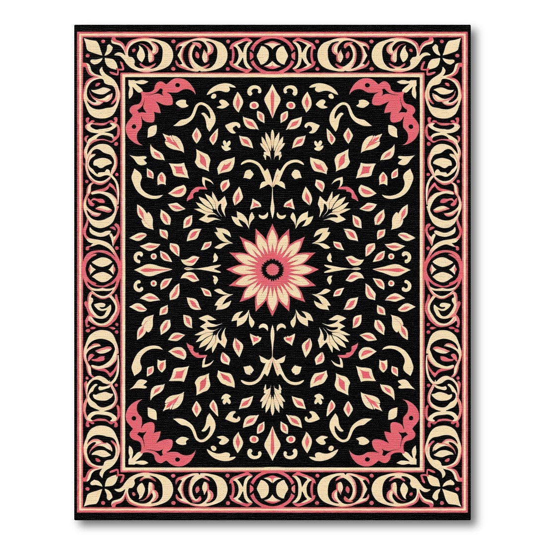 Black Pink Floral Medallion Border Rug