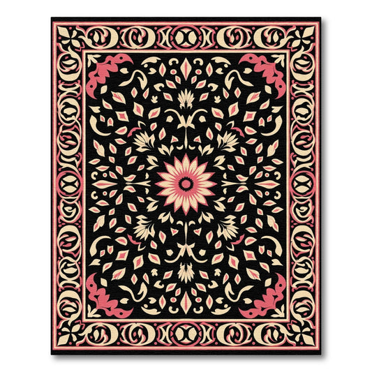 Black Pink Floral Medallion Border Rug