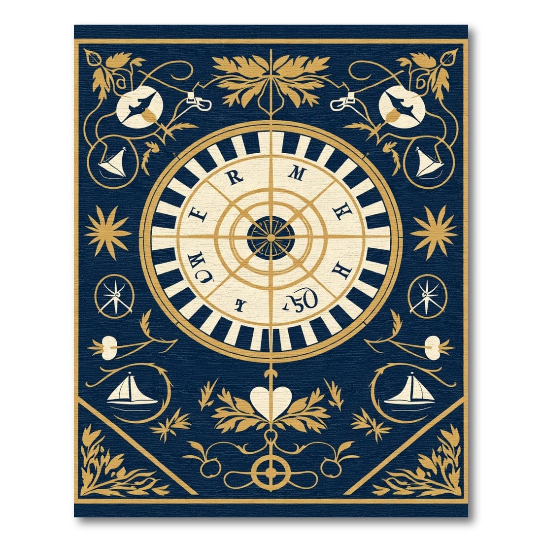 Nautical Navy Gold Compass Roses Rug