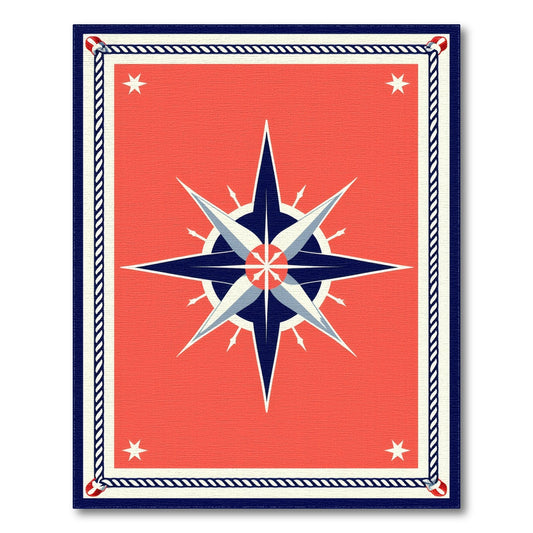Red Nautical Compass Area Rug with Rope Border
