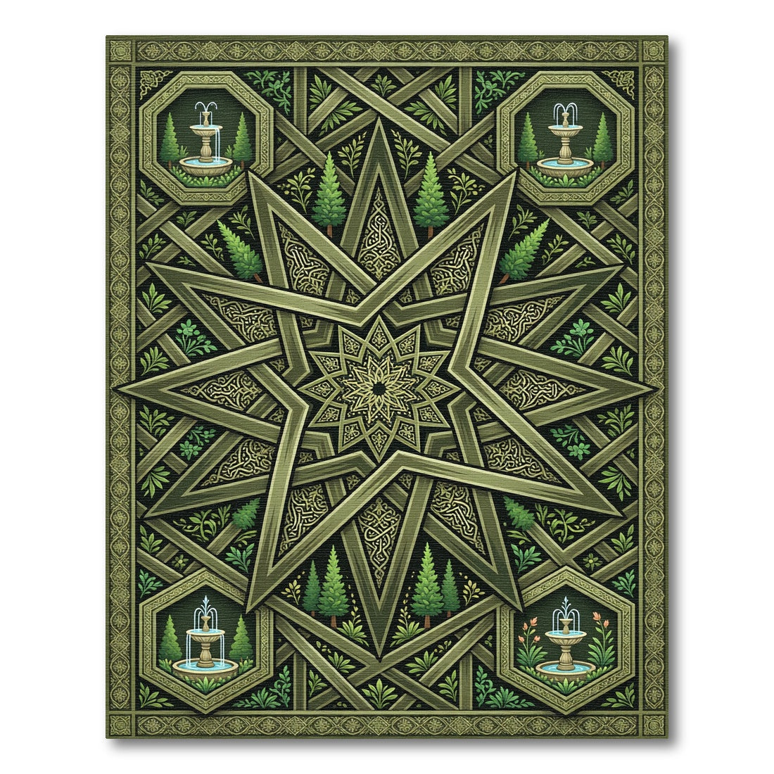 Olive Green Star Fountain Garden Medallion Rug