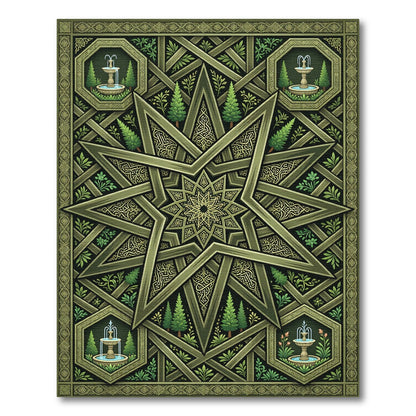 Olive Green Star Fountain Garden Medallion Rug