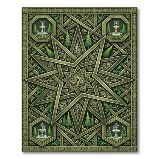 Olive Green Star Fountain Garden Medallion Rug