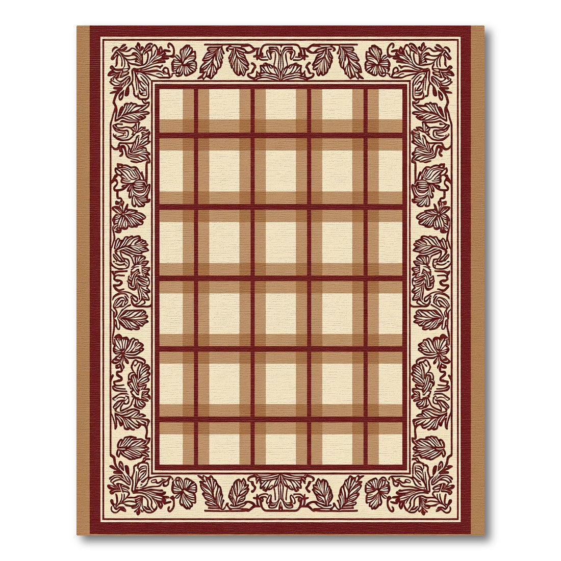 Crimson Tartan Floral Vine Border Rug