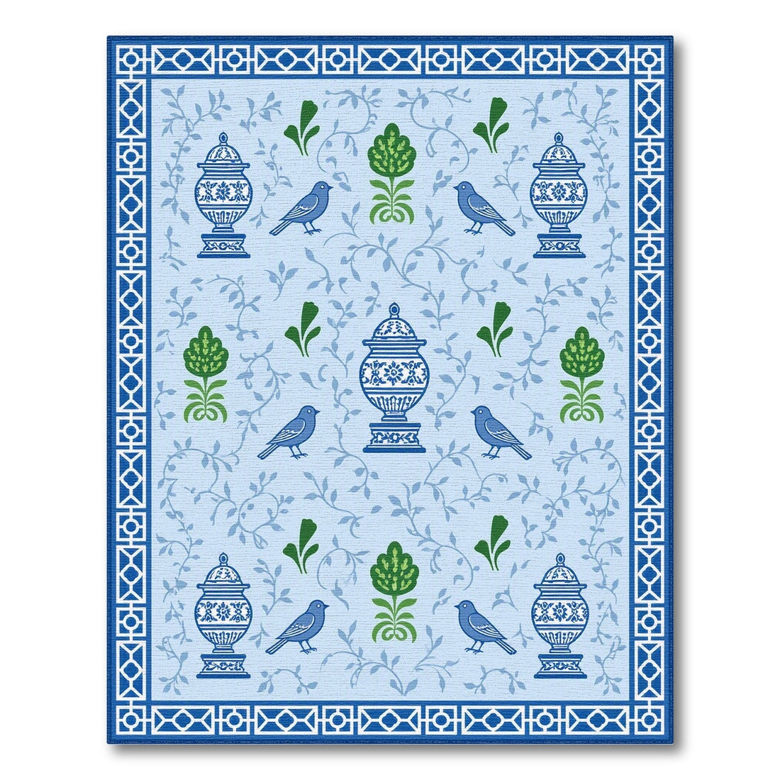 Blue Floral Vintage Area Rug with Urns and Birds