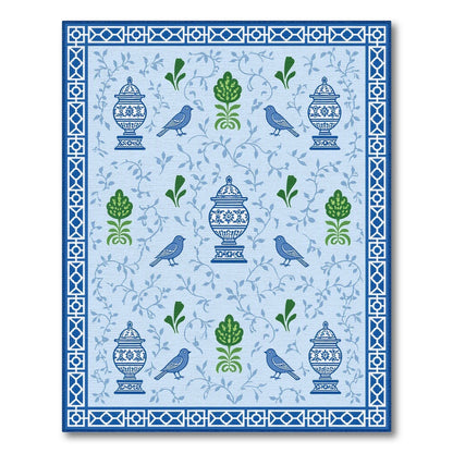 Blue Floral Vintage Area Rug with Urns and Birds