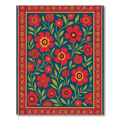 Crimson Floral Vines Bordered Rug