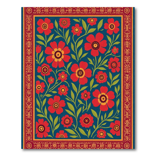 Crimson Floral Vines Bordered Rug
