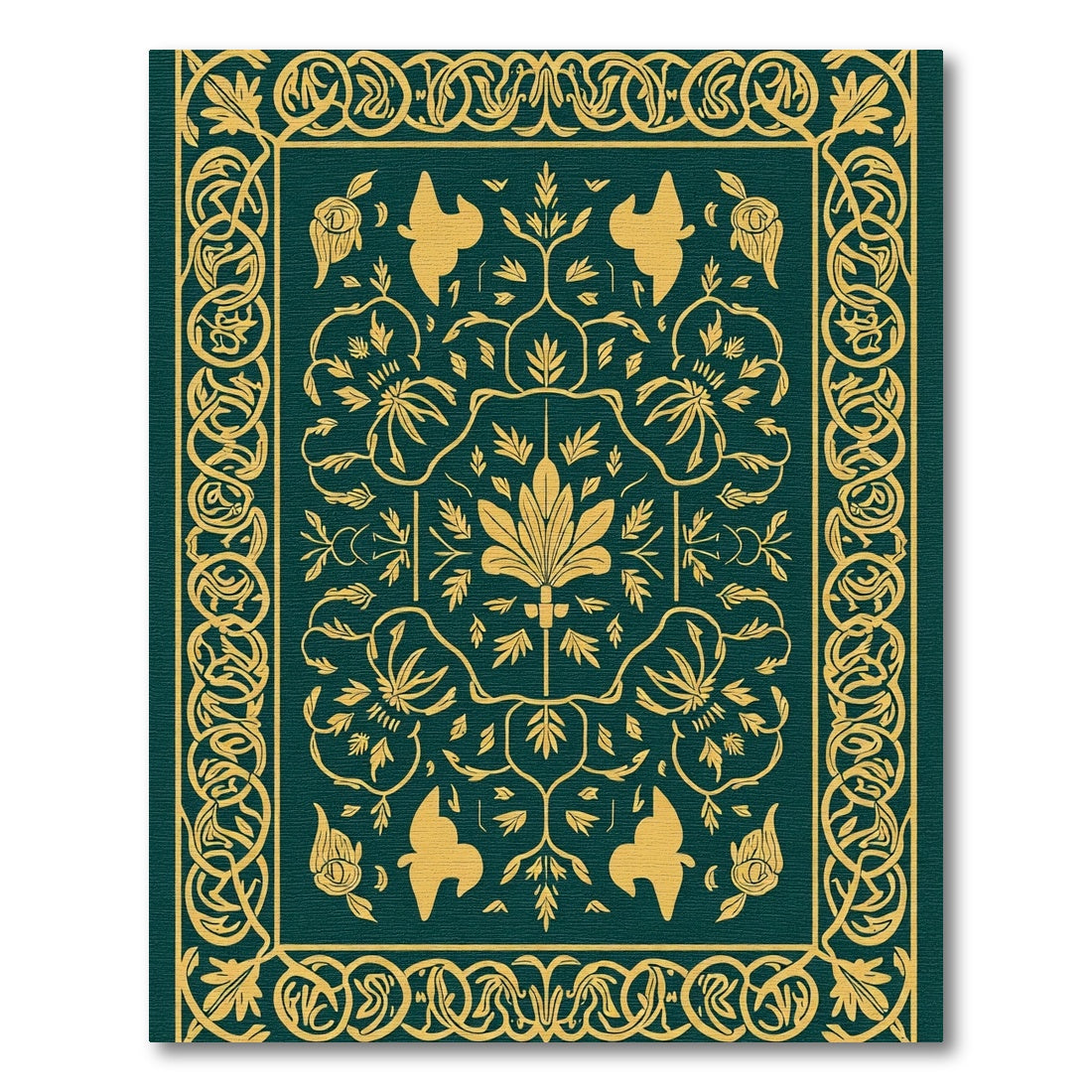 Emerald Gold Botanical Birds Border Rug
