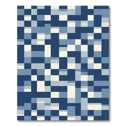 Blue Cream Abstract Square Geometric Rug