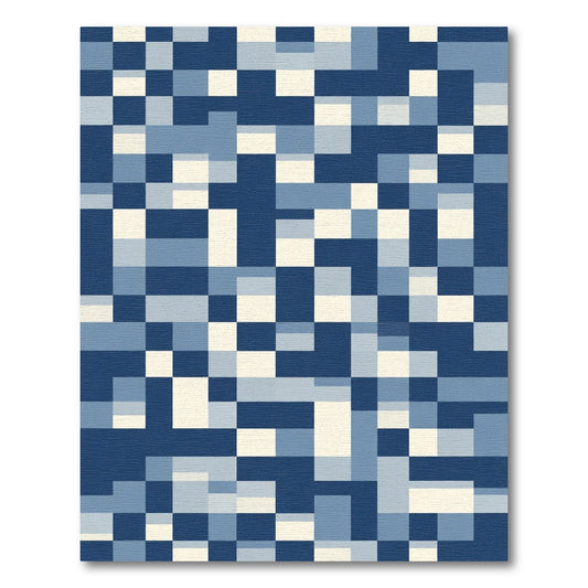 Blue Cream Abstract Square Geometric Rug