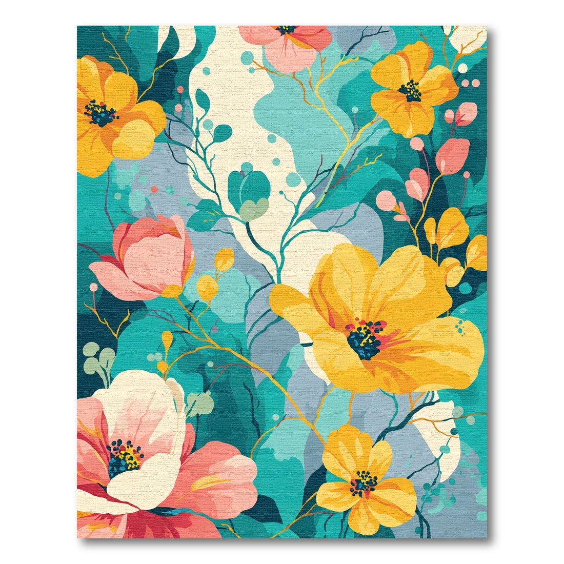 Vibrant Yellow Pink Teal Floral Bloom Rug