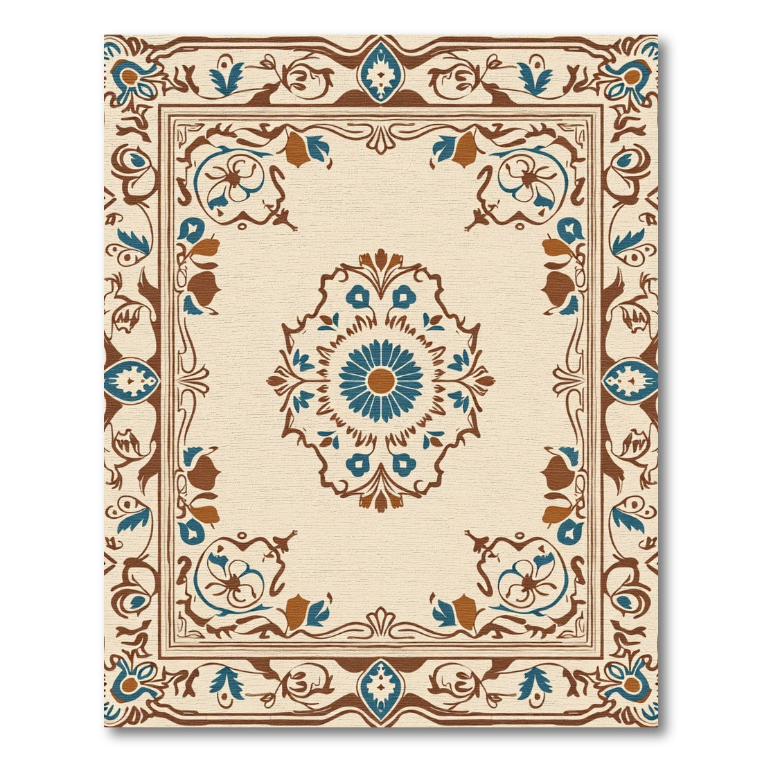 Tan Blue Brown Floral Medallion Border Rug