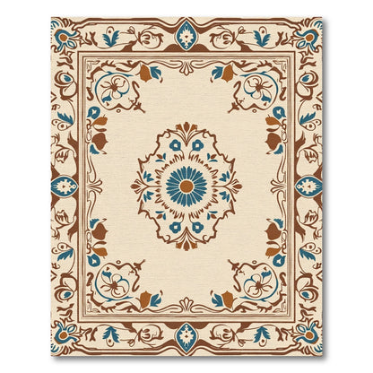 Tan Blue Brown Floral Medallion Border Rug