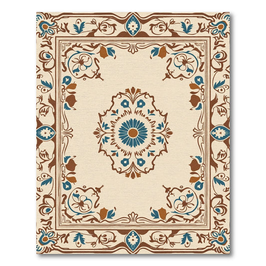 Tan Blue Brown Floral Medallion Border Rug