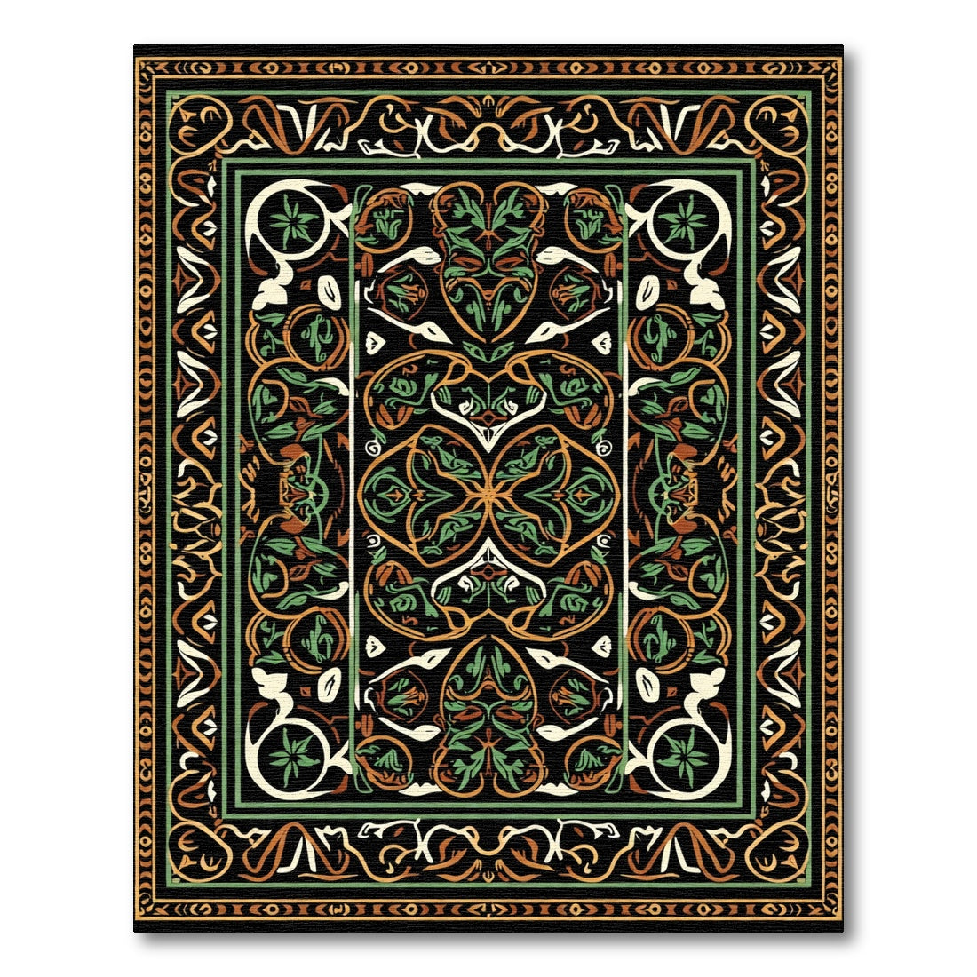 Ornate Black Amber Green Floral Medallion Rug