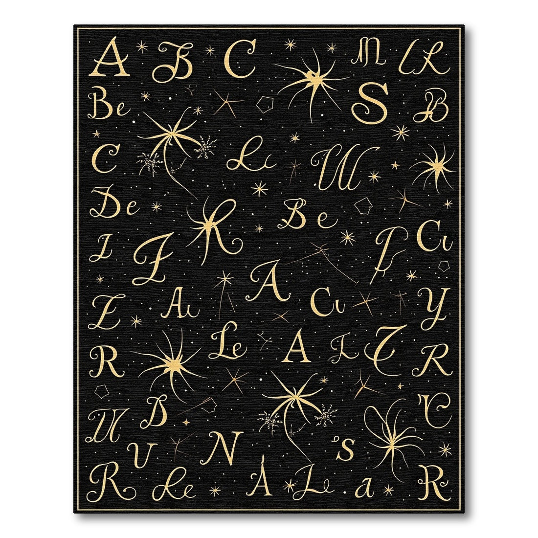 Golden Celestial Alphabet Black Rug