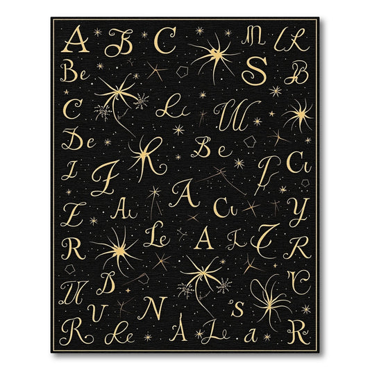Golden Celestial Alphabet Black Rug