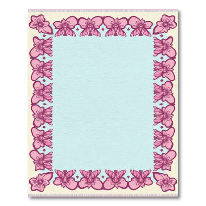 Pink Floral Border Light Blue Center Rug