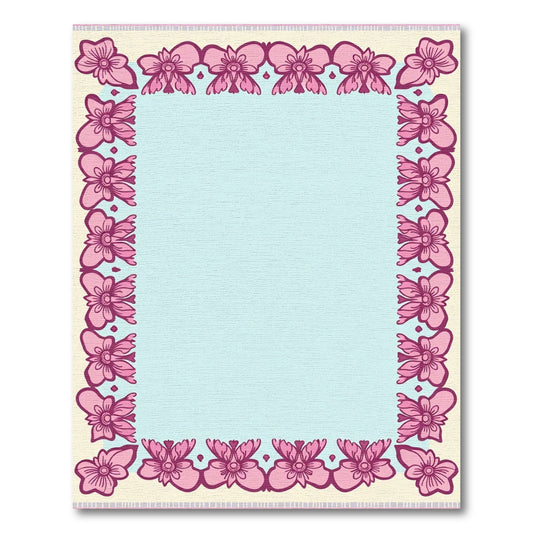 Pink Floral Border Light Blue Center Rug