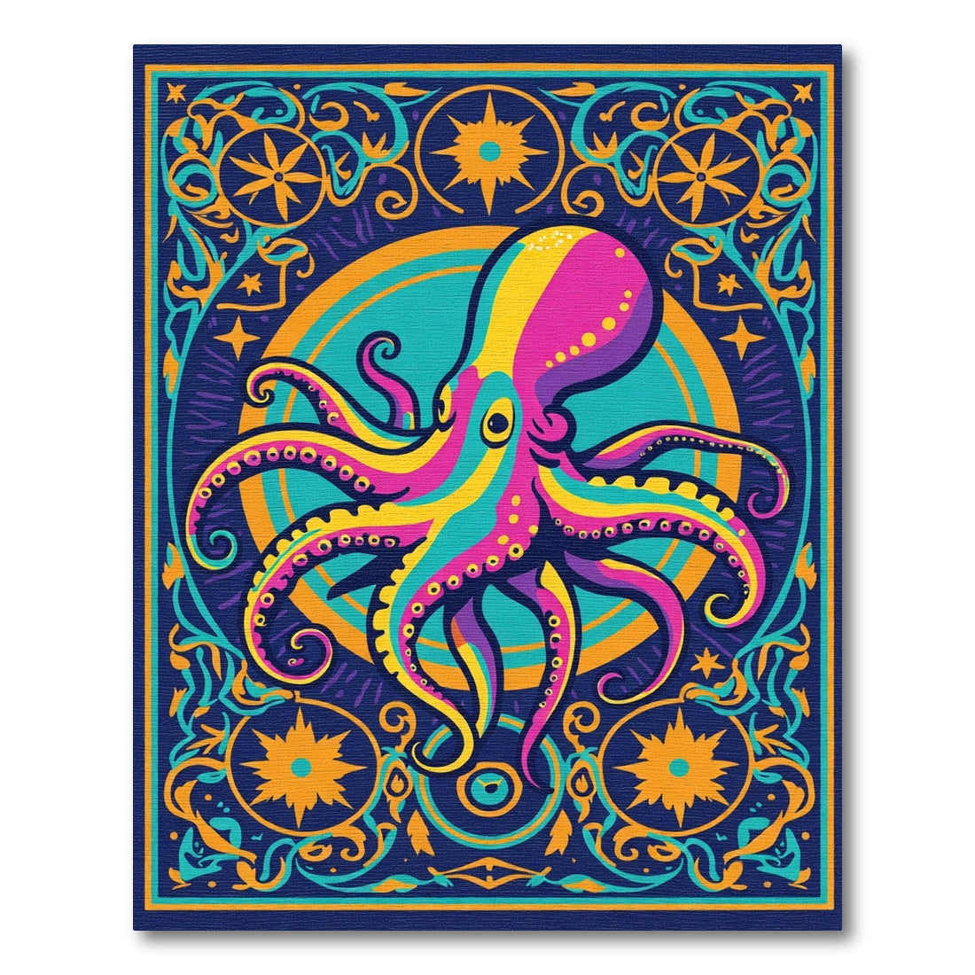 Multicolor Octopus Ornate Frame Rug