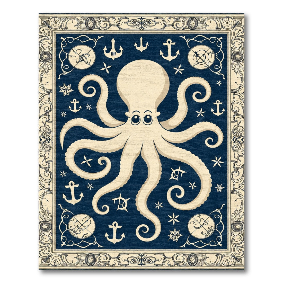 Nautical Cream Octopus Anchors Compass Rug
