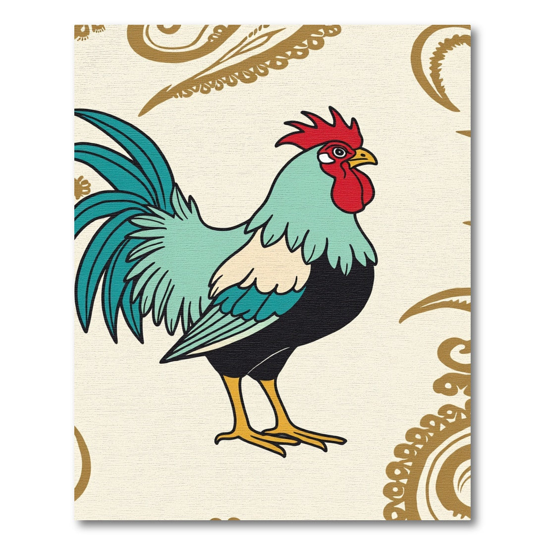 Aqua Rooster With Golden Swirls Rug