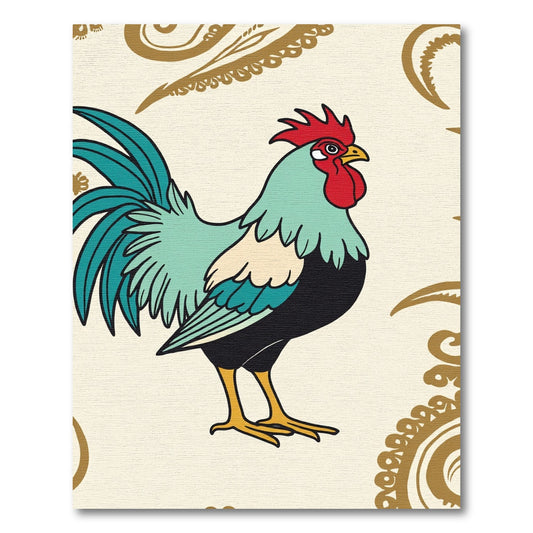 Aqua Rooster With Golden Swirls Rug