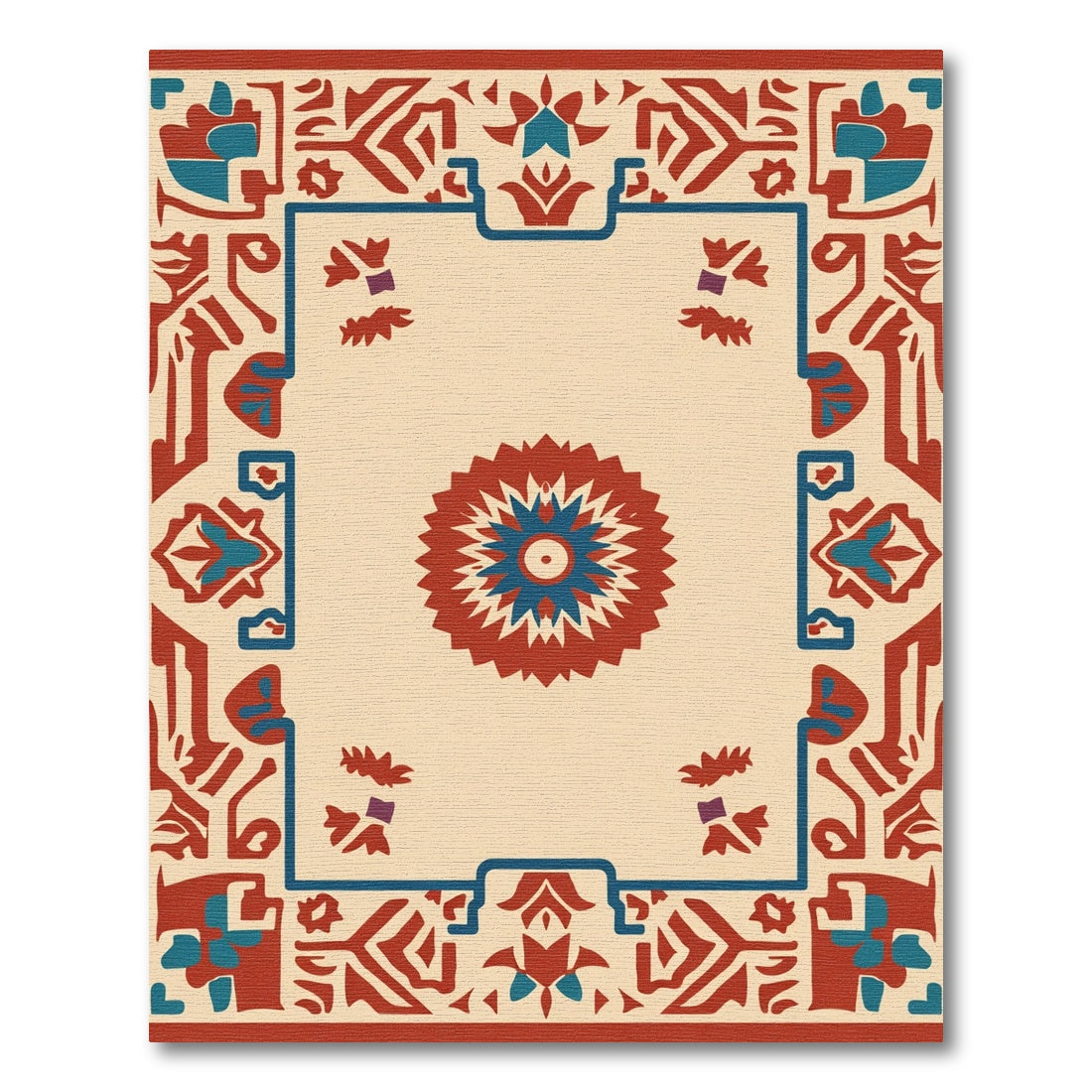 Rustic Red Blue Medallion Border Rug