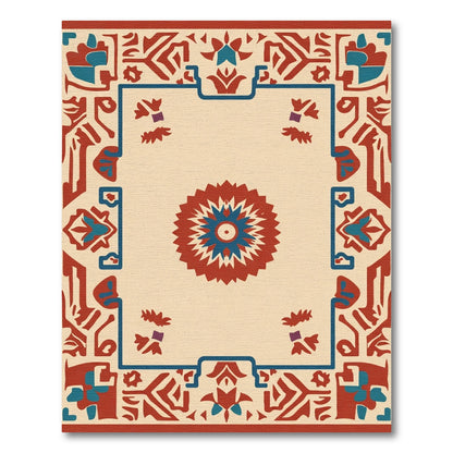 Rustic Red Blue Medallion Border Rug