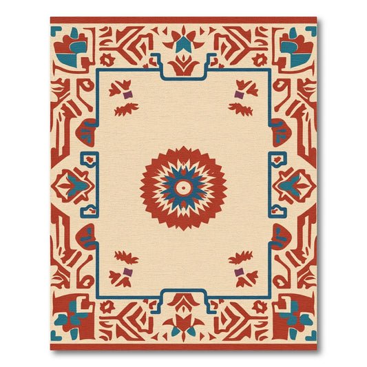 Rustic Red Blue Medallion Border Rug