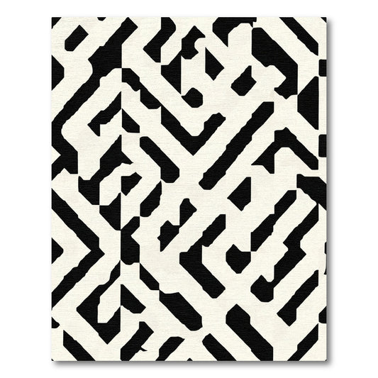 Modern Black White Geometric Labyrinth Rug