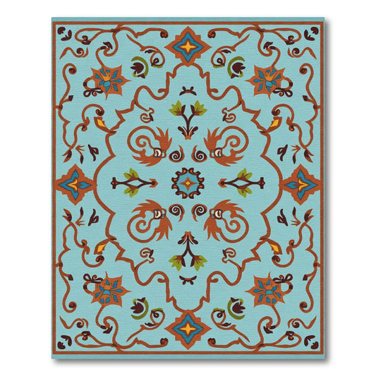 Teal Orange Floral Vine Arabesque Rug