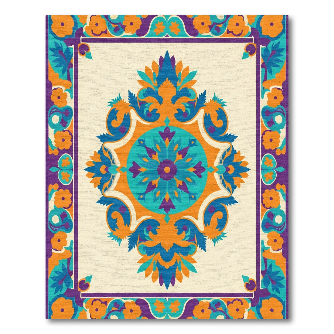 Vibrant floral medallion with purple border Rug
