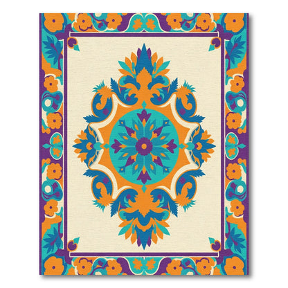 Vibrant floral medallion with purple border Rug