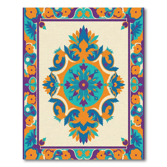 Vibrant floral medallion with purple border Rug