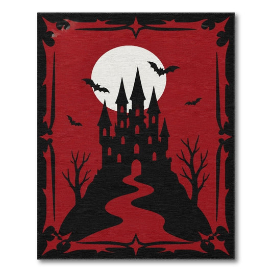 Red Haunted Castle Silhouette Area Rug