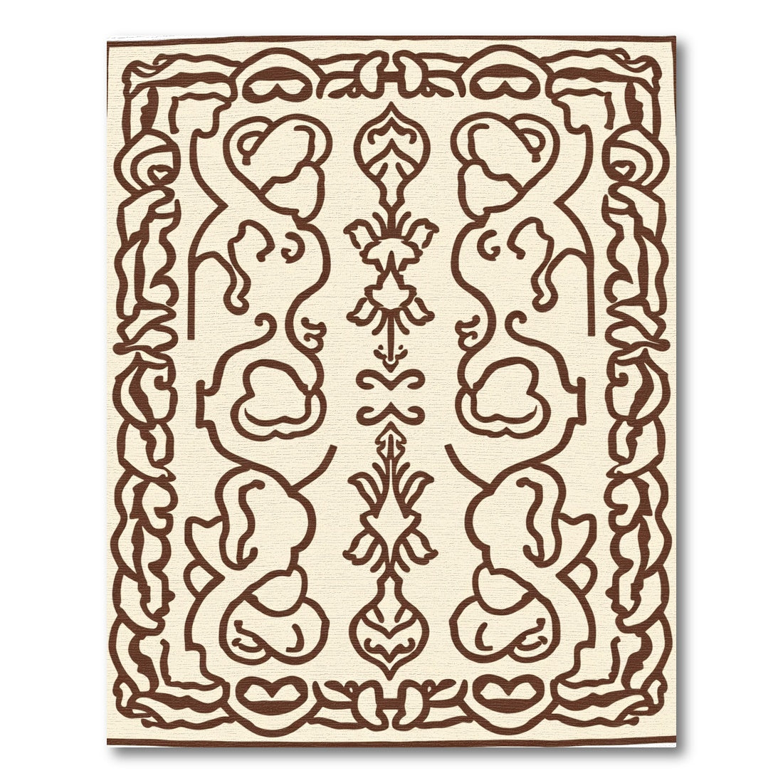 Cream Brown Stylized Floral Cartouche Rug