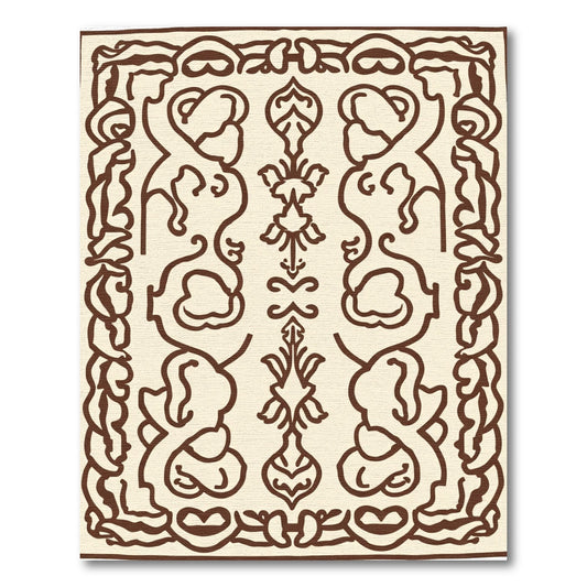 Cream Brown Stylized Floral Cartouche Rug